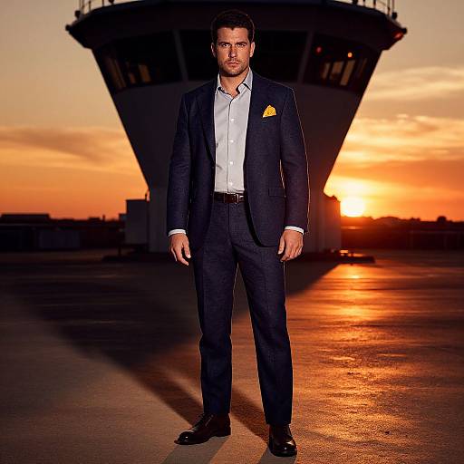 Photograph of a handsome man in a dark suit, white shirt, and yellow pocket square, standing in front of a sunset at an airport, with