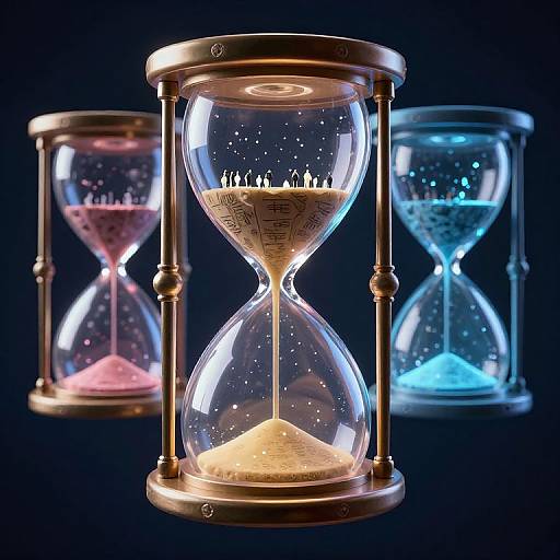 Photograph of three illuminated hourglasses in a dark background; central one with white sand, left with pink, right with blue.