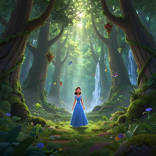 Digital fantasy artwork of a blue-dress princess standing in a lush, enchanted forest with sunlight filtering through trees, surrounded by butterflies and a waterfall.