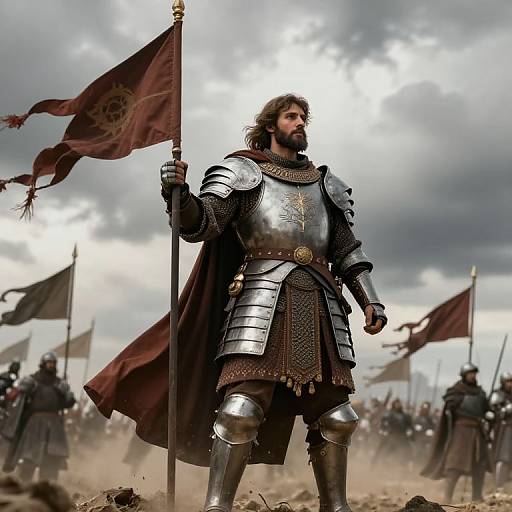 Medieval warrior in shiny, detailed armor stands tall under dramatic clouds, holding a red flag, surrounded by armored soldiers in dusty battlefield. Photorealistic