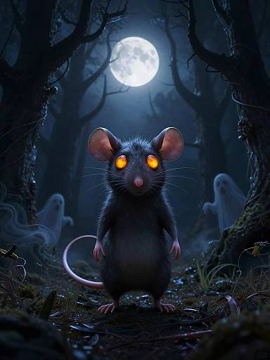 Digital artwork of a glowing-eyed, dark gray mouse standing in a eerie, moonlit forest with ghostly figures and twisted trees.