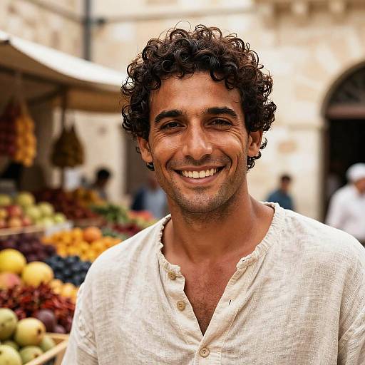 Photograph of a smiling, curly-haired, Middle Eastern man with tanned skin, wearing a white, buttoned shirt, standing at a colorful outdoor