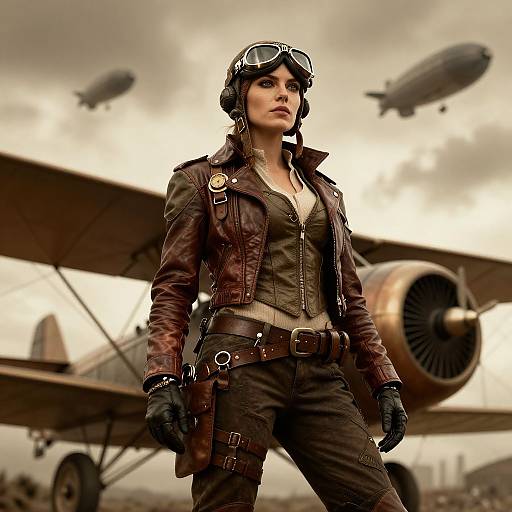 Digital artwork of a determined, brown-haired woman in aviator gear with leather jacket, goggles, and gloves, standing in front of a vintage biplane