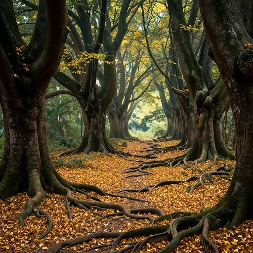 Photograph of a dense forest pathway with towering trees, yellow-leaved canopy, fallen orange leaves, and exposed tree roots covering the ground.