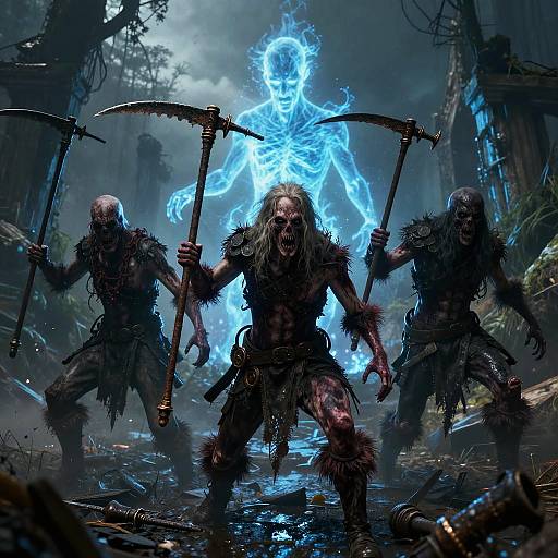 Digital artwork of three bald, muscular, tribal warriors with blood-stained fur loincloths, wielding scythes, standing before a glowing blue