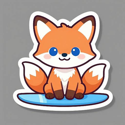 Cute digital drawing of a chibi-style fox with orange fur, blue eyes, white cheeks, and brown paws sitting on a blue plate.