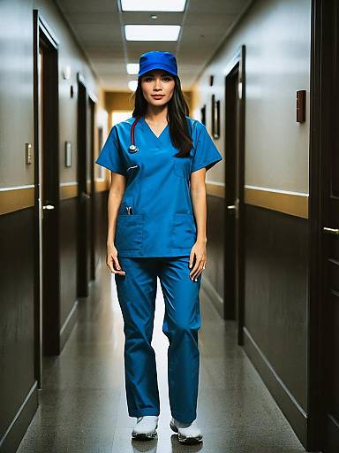 Woman in Scrubs and Blue Hat