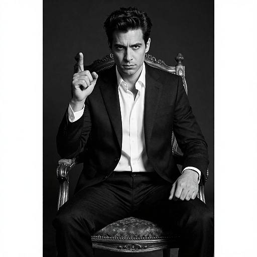 Stern Man in Black Suit Pointing Upward