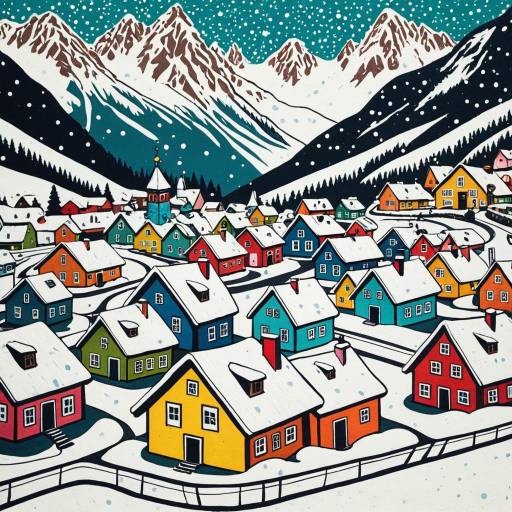 Whimsical Folk Art Snowy Alpine Village