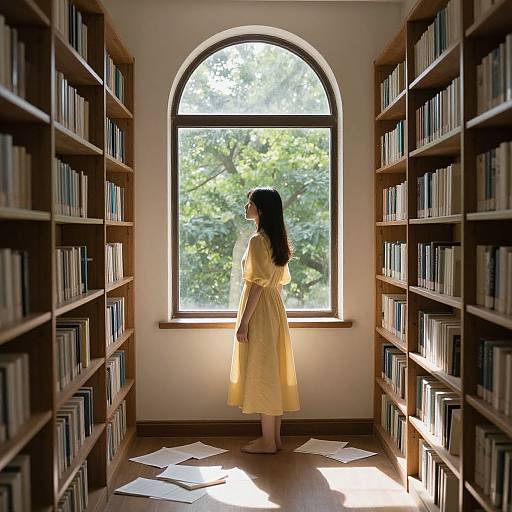 Photograph of a young woman with long black hair in a yellow dress, standing in a sunlit library aisle, facing a large arched window with
