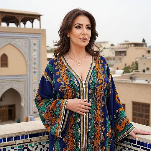 Photograph of a smiling woman with wavy brown hair wearing a vibrant blue and orange patterned traditional dress, standing on a tiled rooftop against an architectural