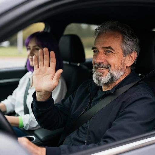 Older Man Waving in Car with Woman Passenger