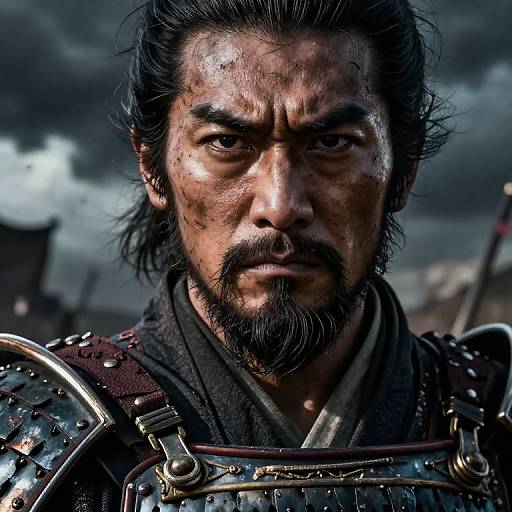 Intense close-up photograph of a rugged, bearded Asian man with dark hair, wearing weathered samurai armor, under a stormy sky.