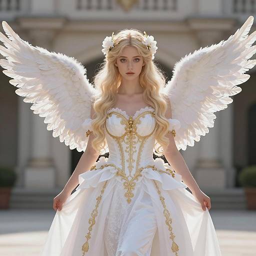Ethereal Angelic Maiden in Ornate White and Gold Dress