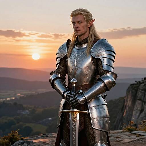 Photograph of a tall, blonde, elven man in shiny silver armor, holding a sword, standing on a rocky cliff at sunset.