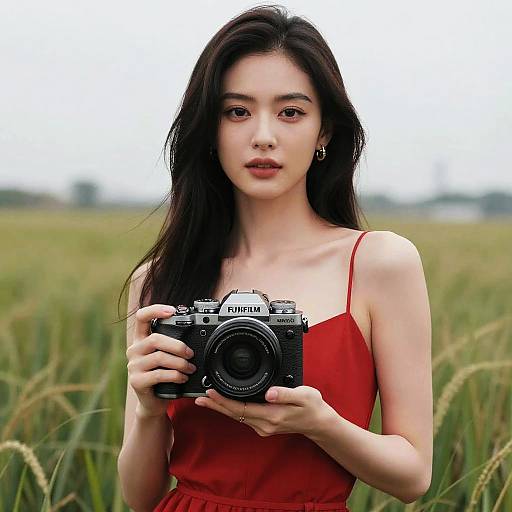 Woman in Red Dress Holding Fujifilm Camera