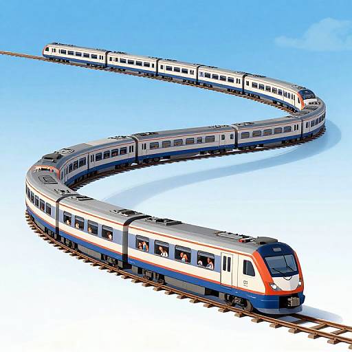Digital illustration of a curved, multi-car train with blue, white, and red stripes, traveling on tracks against a bright blue sky.