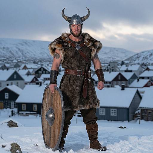Muscular Viking in Snowy Village