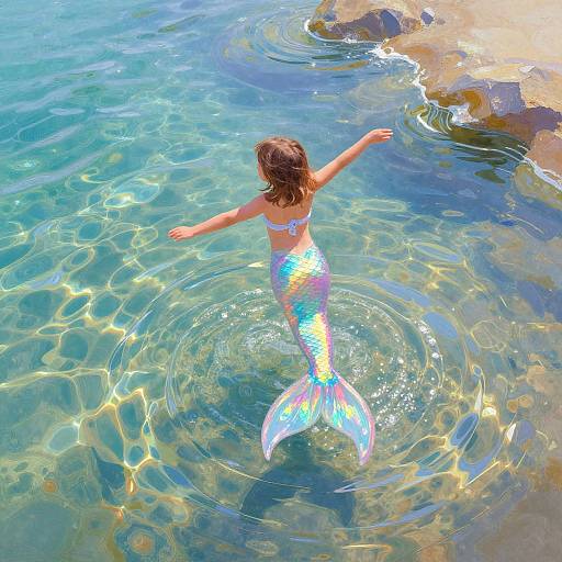 Photograph of a young girl with brown hair, wearing a colorful mermaid tail, swimming in clear, sunlit, blue ocean water.