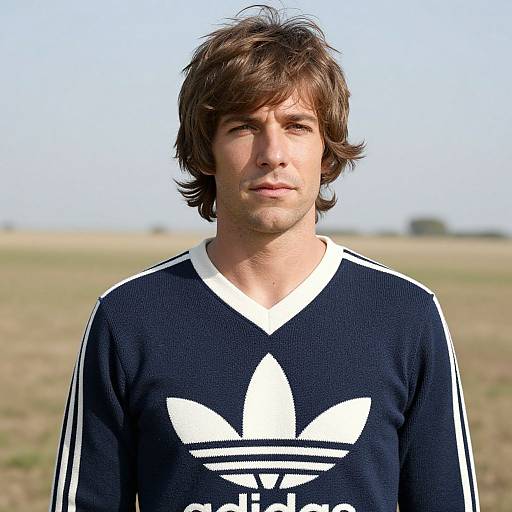 Photograph of a young man with brown, wavy hair wearing a black Adidas V-neck sweater with white stripes and Adidas logo, standing in a sun