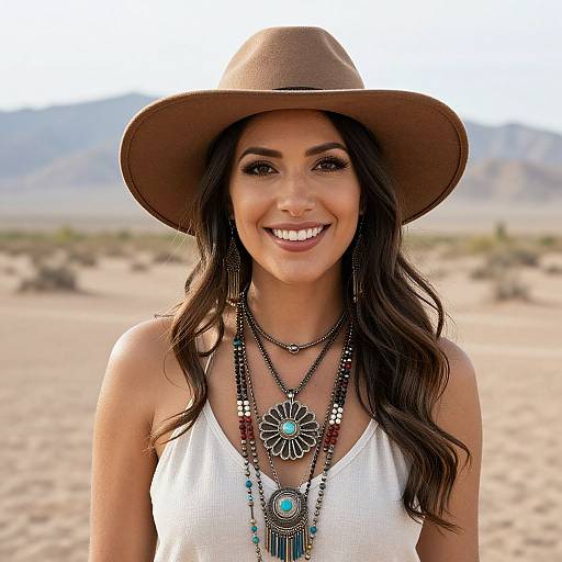Photograph of a smiling woman with long dark hair, wearing a brown hat, white tank top, and layered necklaces, in a desert landscape.
