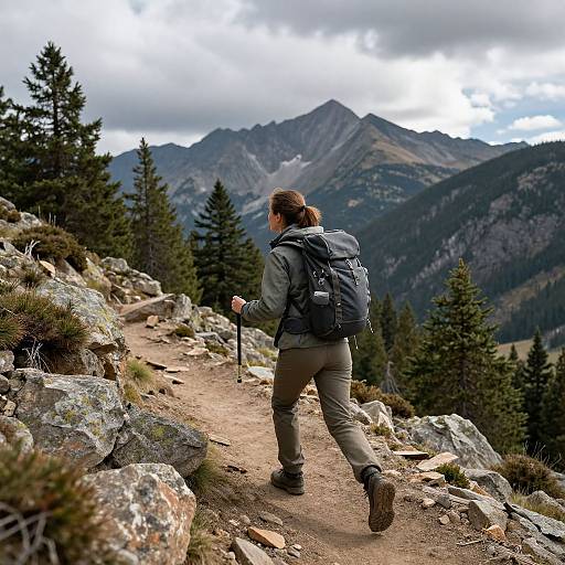 Photograph of a hiker with a backpack, brown hair in a ponytail, standing on a rocky mountain trail, facing distant mountains under a cloudy