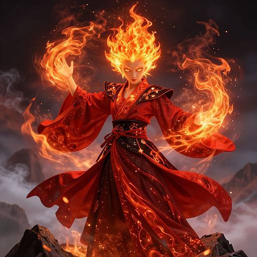 Digital art of a fiery-haired, red-robed woman with glowing flames in her hair and hands, standing on rocky terrain against a dark, smoky