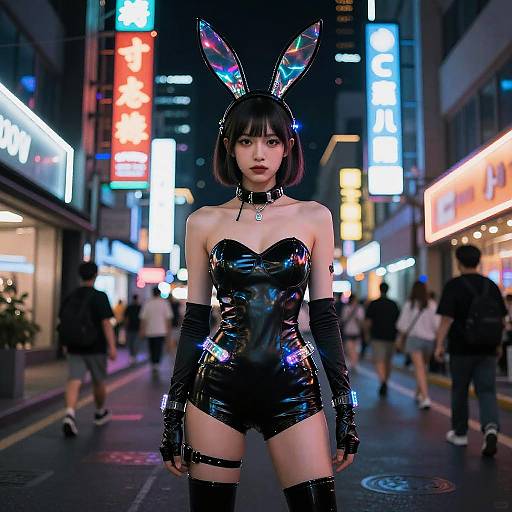Photograph of an Asian woman in a shiny black latex bunny costume with iridescent bunny ears, gloves, and thigh-high boots, standing in a
