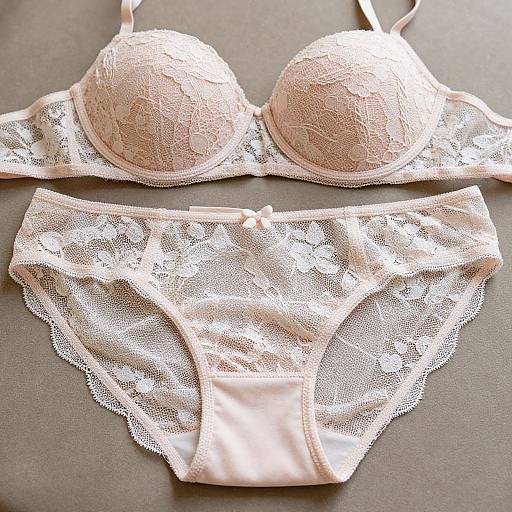 Photograph of a delicate, pink lace bra and matching lace panties, with intricate floral patterns, laid on a dark brown surface.