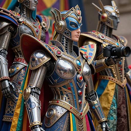 Photograph of a person in detailed, colorful, steampunk-inspired robotic armor with metallic plates, blue mask, and vibrant cape, standing beside two