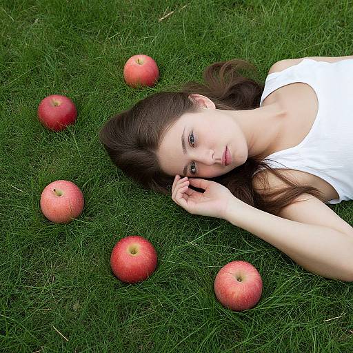 Photograph of a young woman with long brown hair, wearing a white top, lying on green grass with six red apples around her.