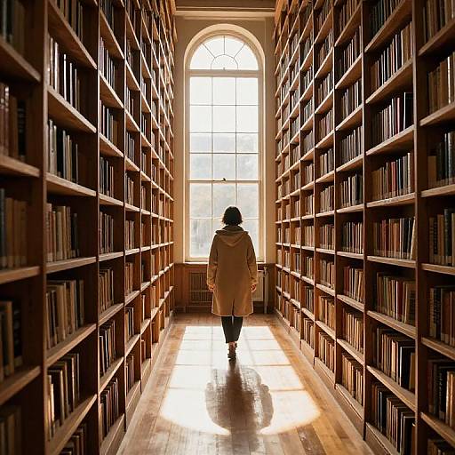 Solitary Walk Through Sunlit Library