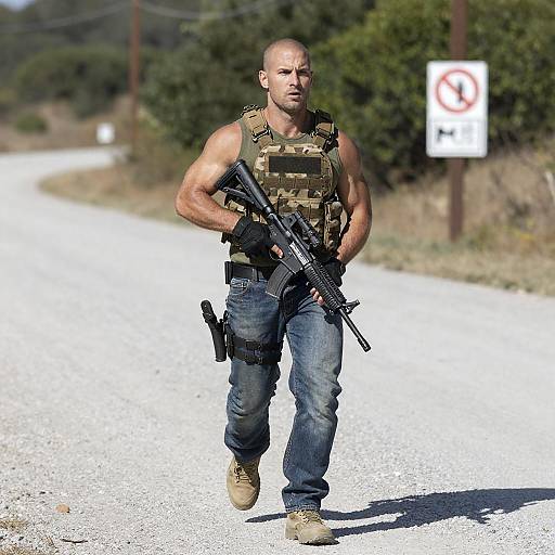 Armed Soldier Running on Gravel Road