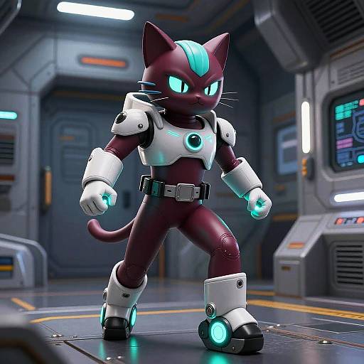 CGI image of a maroon, glowing-eyed, robotic cat in futuristic armor standing in a sci-fi corridor with neon lights.