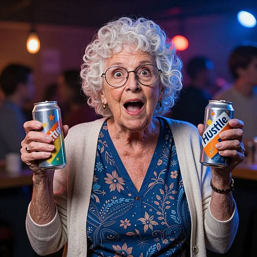 Photograph of an elderly woman with curly white hair, glasses, and surprised expression, holding two cans of 