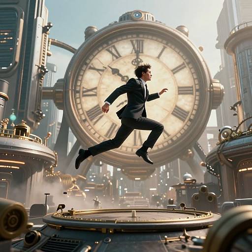 Digital artwork of a man in a black suit and tie, mid-jump, in front of a giant clock in a steampunk cityscape.