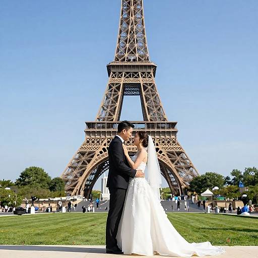 Photograph of Asian bride in white gown and groom in black suit kissing in front of Eiffel Tower on sunny day.