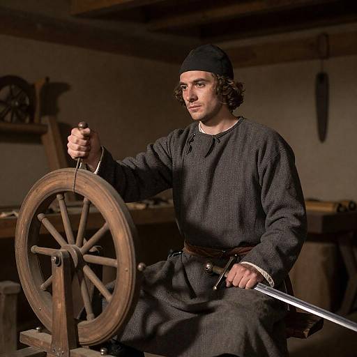 Historical Man in Dark Attire and Workshop