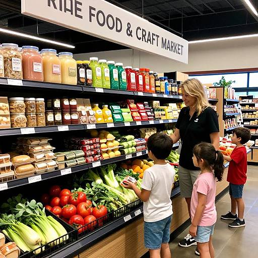 Photograph of a grocery store aisle with a blonde woman in black, three children, and colorful food products on shelves. 