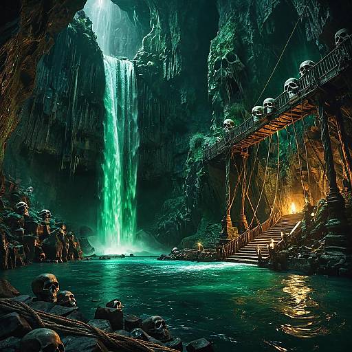 Emerald Waterfall in Dark Cavern with Skull-Decorated Rope Bridge