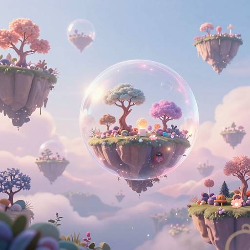 Whimsical digital artwork of floating islands with pastel-colored trees, a glowing orb, and small houses, set against a cloudy sky.