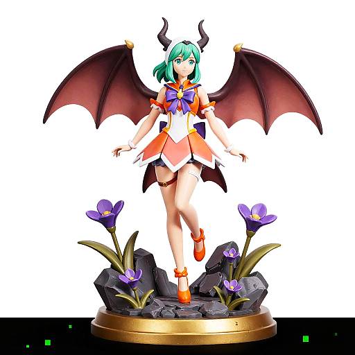 Digital illustration of a green-haired, demon girl with black wings, orange dress, purple bow, and red shoes, standing on a rock base with purple