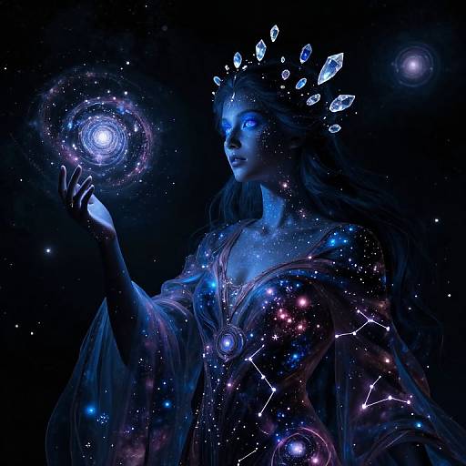Photograph-like digital art of a mystical woman with glowing blue eyes and long hair, wearing a cosmic, starry robe, creating a radiant galaxy in