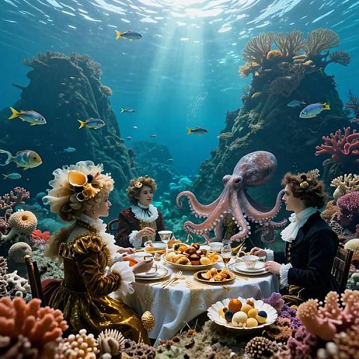 Photograph of Victorian-era women dining underwater with colorful coral, fish, and an octopus, surrounded by vibrant marine life. Sunlight filters through the