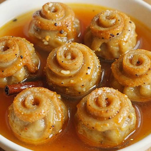 Photograph of six golden-brown, spiral-topped dumplings in a rich, amber-colored sauce, with visible black pepper and spices on top.