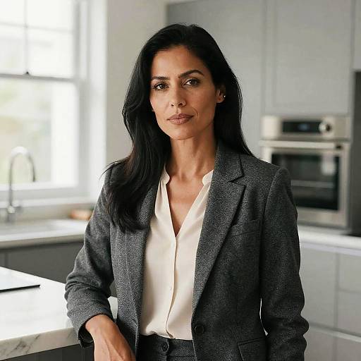 Photograph of a confident woman with long black hair, wearing a gray blazer over a white blouse, standing in a modern kitchen with stainless steel appliances