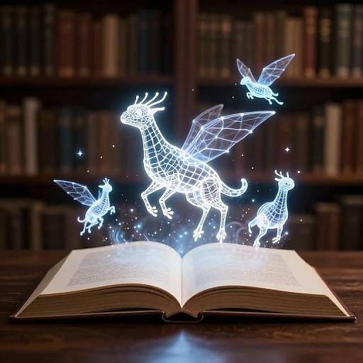 Digital illustration of glowing, wireframe fairies emerging from an open book on a wooden table, with a blurred bookshelf background.