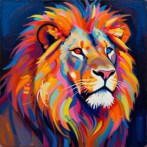 Vibrant digital painting of a lion with a colorful, rainbow mane, featuring red, blue, orange, and yellow hues against a dark blue background