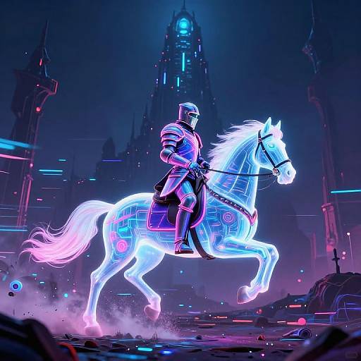 Neon-lit digital artwork: armored knight riding glowing white horse in futuristic, cyberpunk cityscape with blue and pink lights, towering spires,