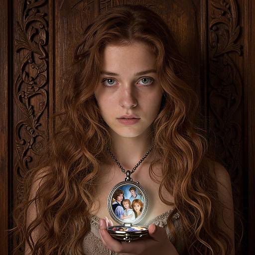 Photograph of a young woman with long, wavy brown hair, blue eyes, and fair skin, holding a glowing, oval locket with a